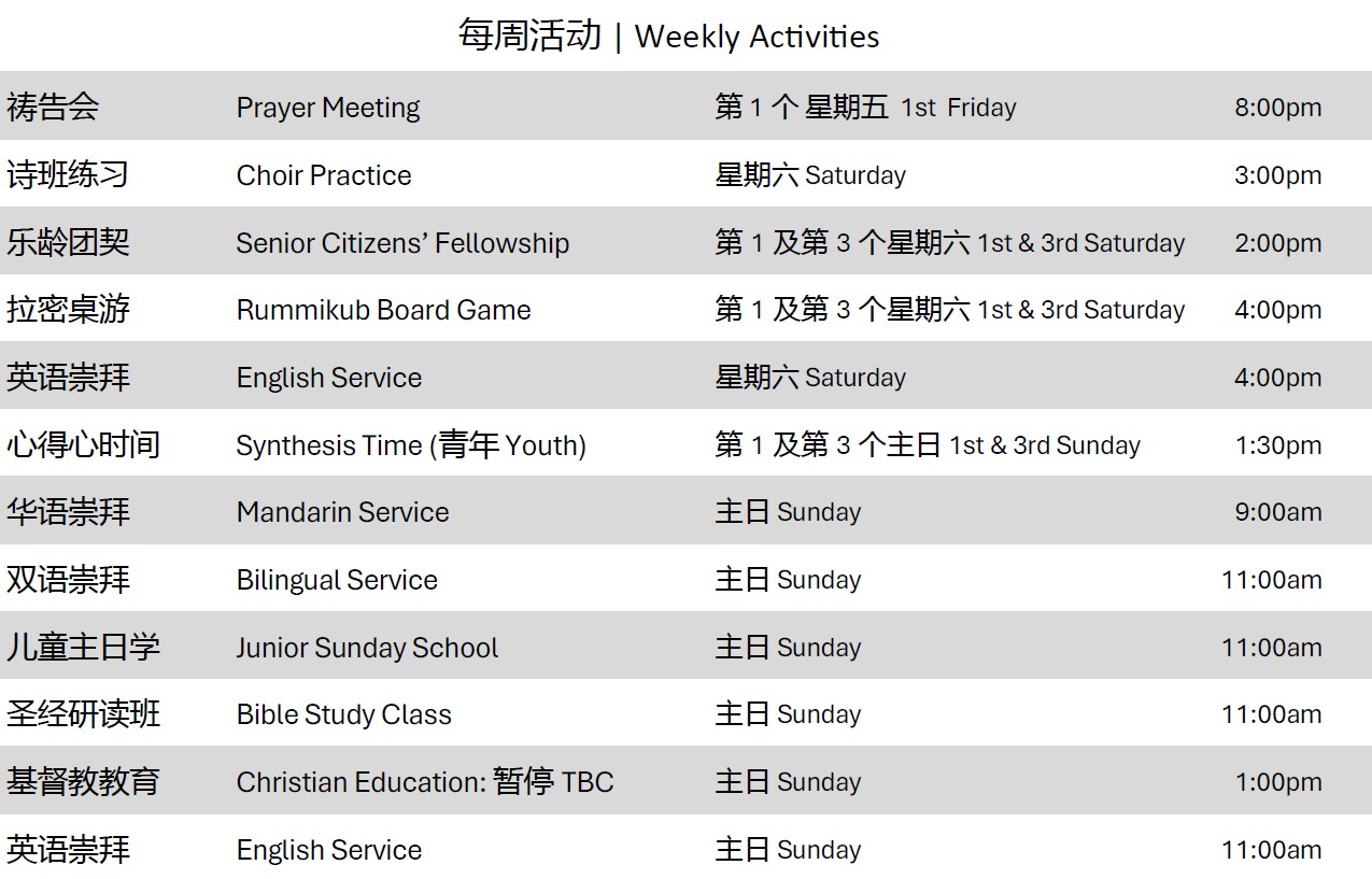 Weekly Activities Timings